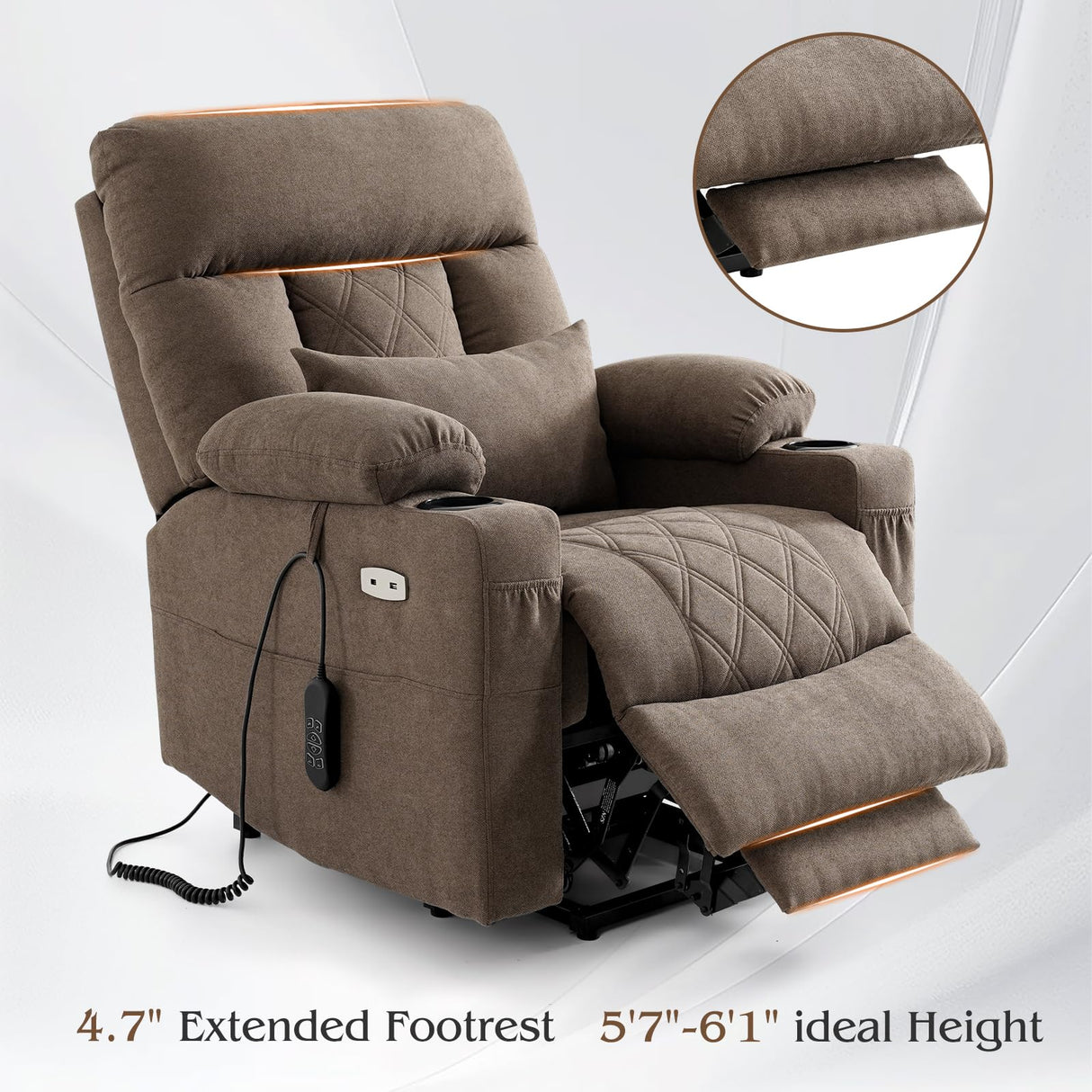 Power Lift Recliner Chair for Elderly with Extended Footrest, Infinite Position Lay Flat Recliner Chair for Adult W/Massage & Heating, Adjustable Headrest, 3-Motor Zero Gravity,Cup Holder, Fabric RESTREAL