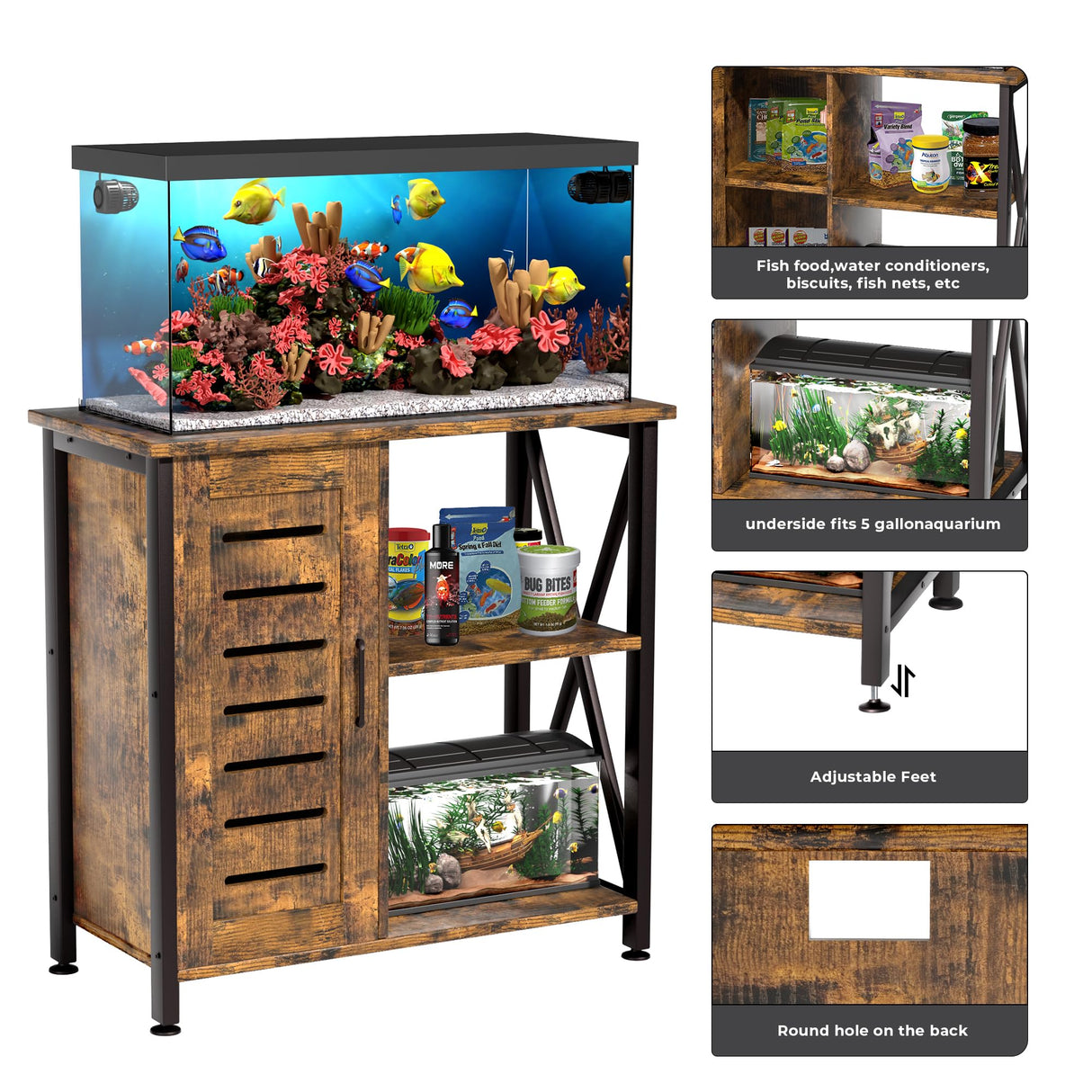 Herture 20-29 Gallon Fish Tank Stand, Aquarium Stand with Cabinet Accessories Storage, Heavy Duty Metal Frame, 31.49" L*15.74" W Tabletop, 330LBS Capacity, Rustic Brown PG07YGN Herture
