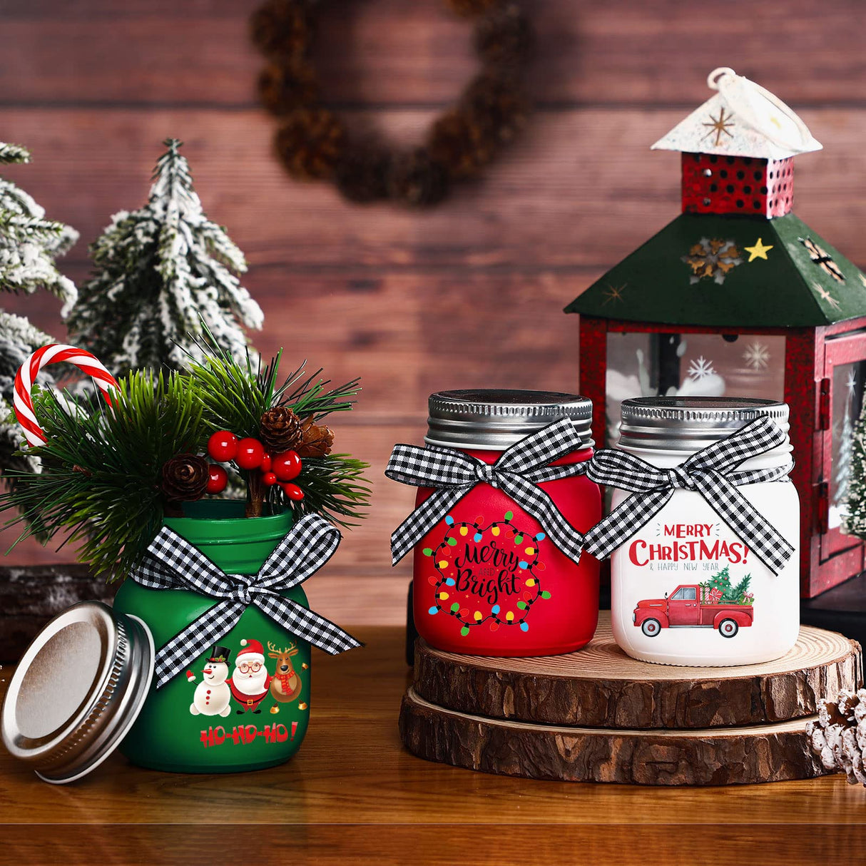 Hoolerry 3 Pcs Christmas Mini Mason Jar Farmhouse Tiered Tray Decor Glass Christmas Mason Jars with Lids Xmas Table Centerpieces Decoration for Holiday Winter Home Kitchen Tray Decor Hoolerry