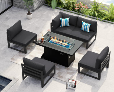 NICESOUL 5 Seat Oversized Modern Aluminum Patio Furniture Set, All Weather Rust Proof Modular Sectional Sofa with Fire Pit Table, 500 lbs Heavy Duty Comfortable Outdoor Couch for Backyard, Dark Gray