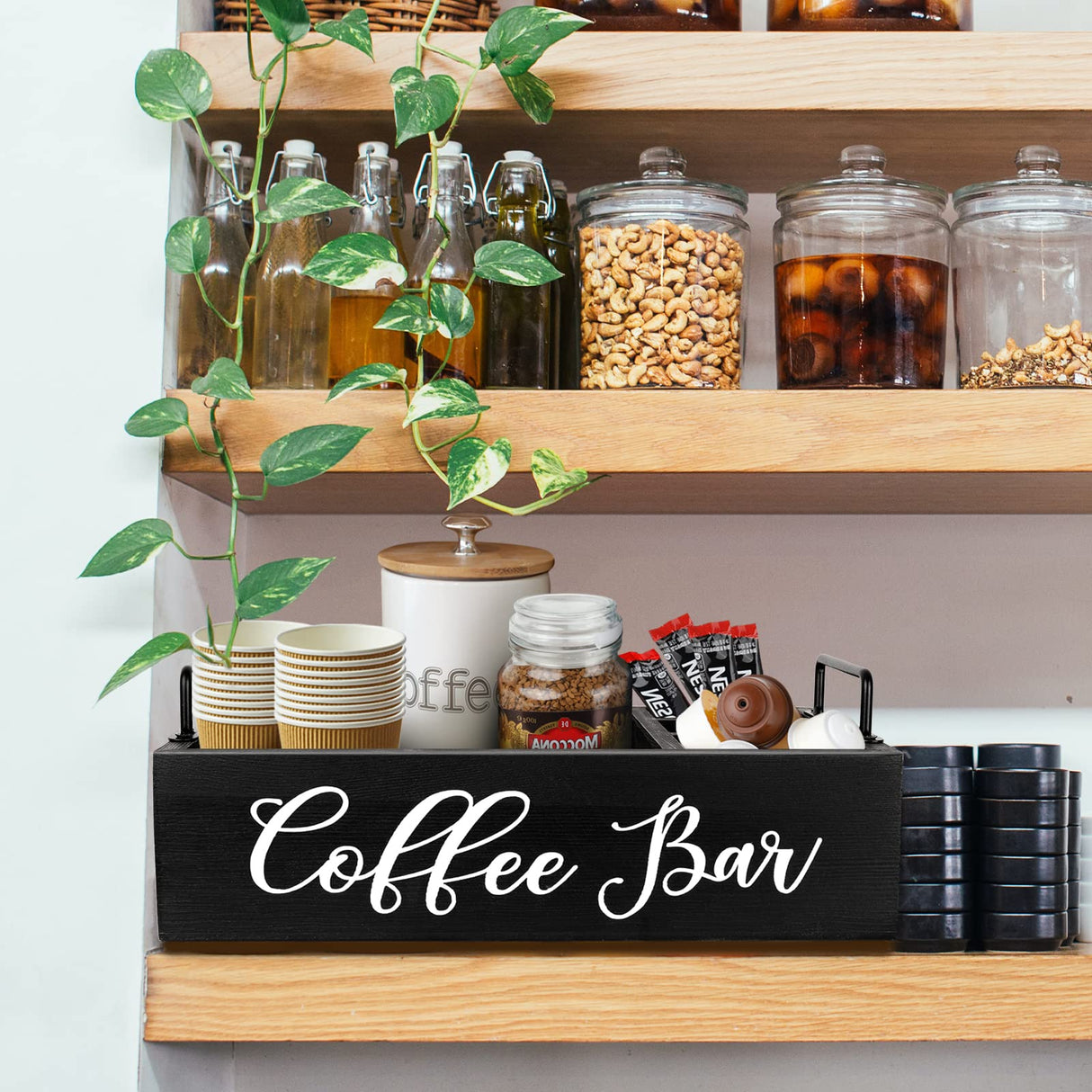Coffee Station Organizer Wooden Coffee Bar Organizer for Countertop, Coffee Bar Accessories Organizer Farmhouse Kcup Coffee Pod Holder Storage Basket with Handle - Black MINCORD