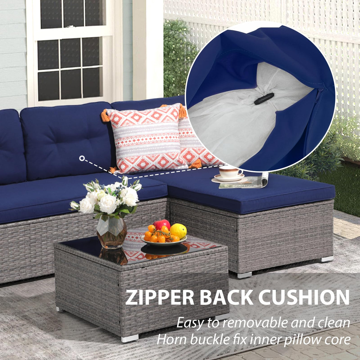 JOIVI Outdoor Patio Furniture Set, Small Sectional Conversation Set, All-Weather Wicker Furniture Sofa Set, L-Shaped Outdoor Patio Seating with Cushions, Tempered Glass Coffee Table, Navy Blue JOIVI