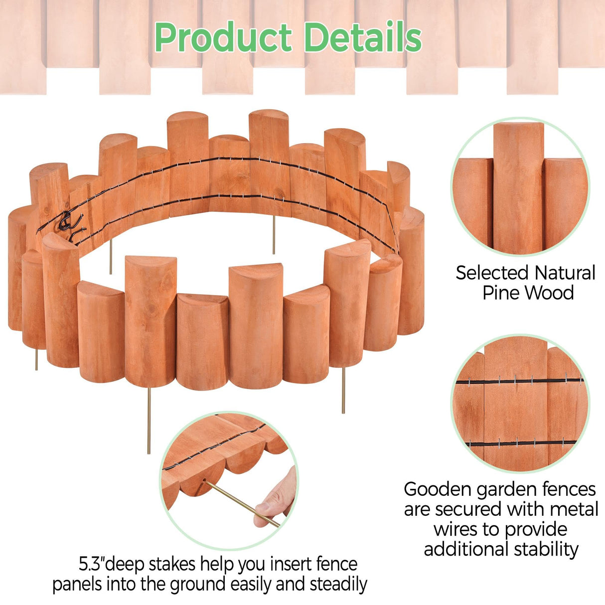 Yaheetech 18pcs Garden Wooden Short Fence,Outdoor Landscape Edging Flexible Decorative Border, No-Dig Wood Fences for Spring Yard Patio Pathway Lawns Courtyard Maintenance - 594in Yaheetech