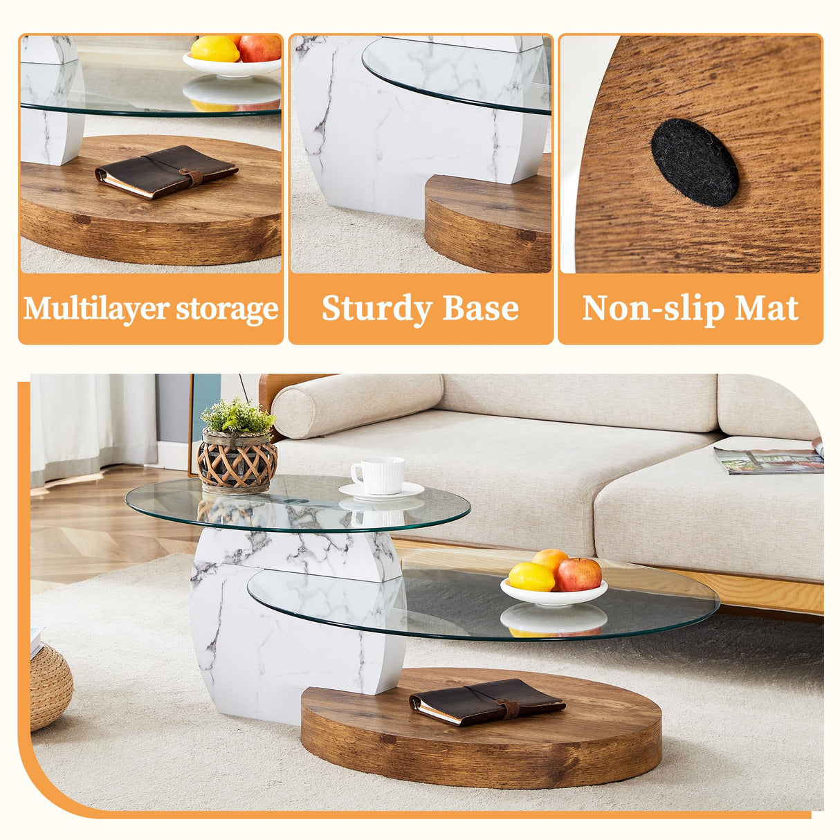 Ebullient Glass Coffee Table, 47" Oval Coffee Table, 2-Tier Glass Tabletop with Wood Base, Easy to Maintain and Assemble, Ideal for Dining Room, Living Room Ebullient