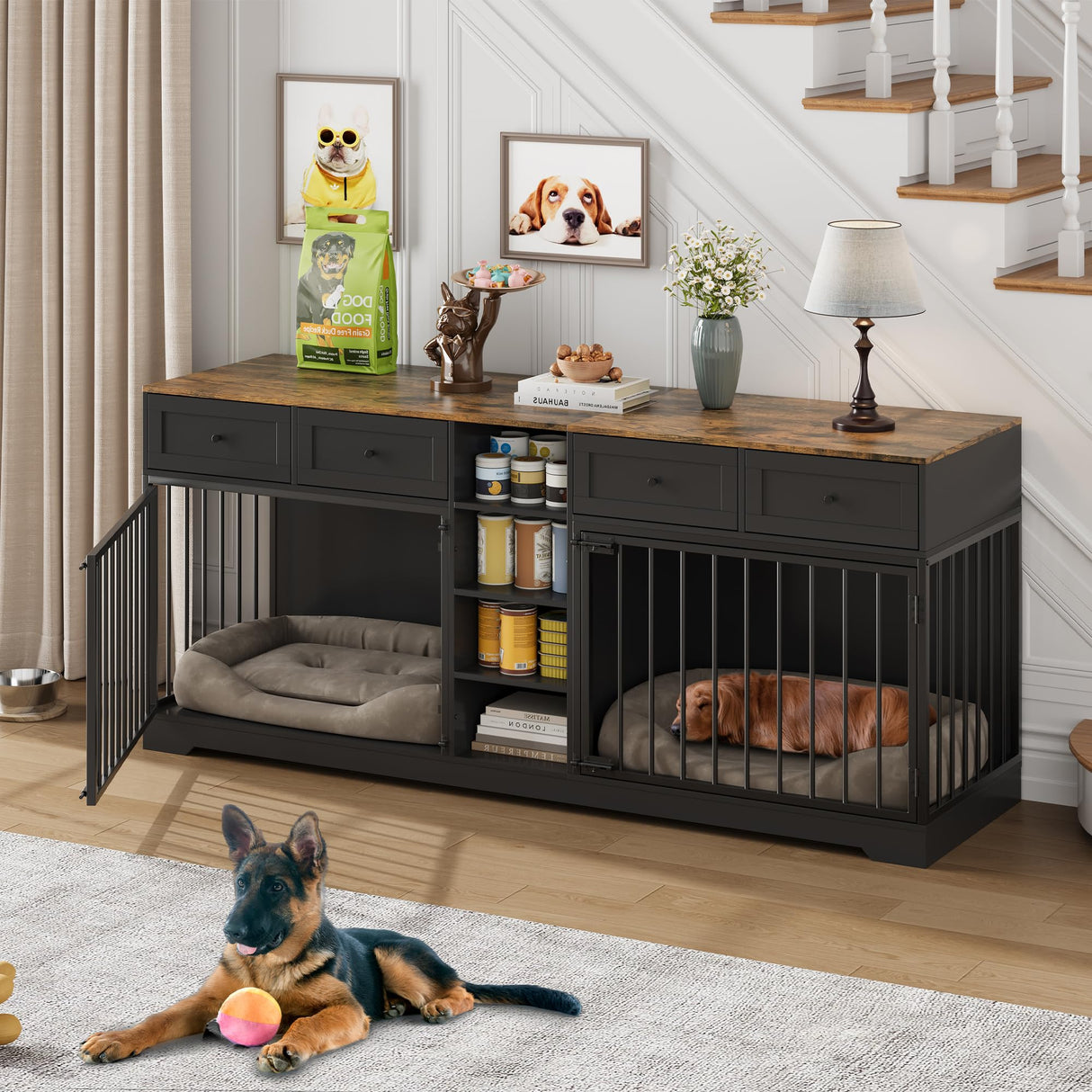 IDEALHOUSE 82” Large Dog Crate for 2 Dogs, Dog Kennel Indoor with 4 Drawers and Shelves, Double Dog Crate Furniture TV Stand, Wooden Dog Cage for Medium Large Dogs, Black IDEALHOUSE