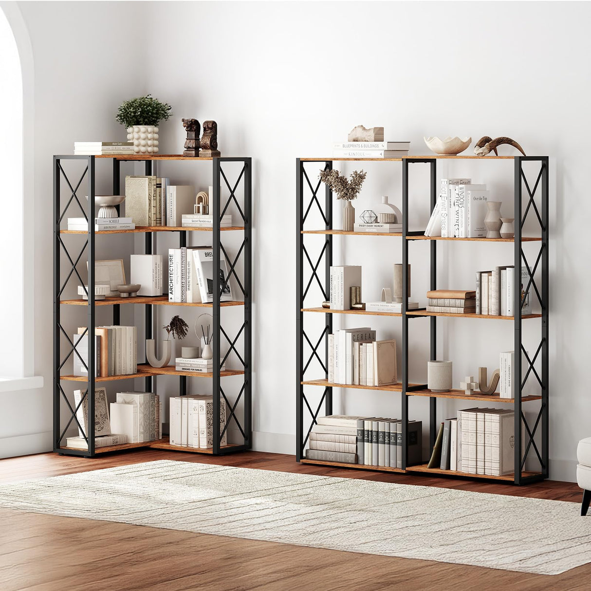 HOOBRO Corner Bookshelf, 5-Tier Industrial Corner Bookcase, Open Display Storage Rack, Vertical or L-Shaped, for Office, Living Room, Bedroom, Rustic Brown and Black BF66SJ01 HOOBRO