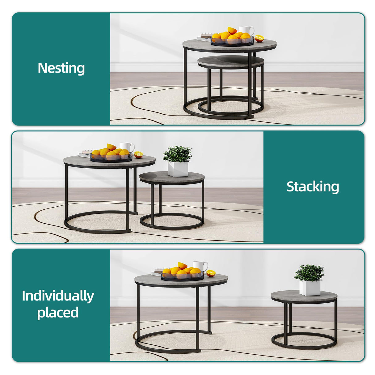 HOJINLINERO Nesting Round Coffee Table Set of 2 End Tables for Living Room,Grey Coffee Table Wooden Accent Furniture with Metal Frame,Stacking Side Tables,Black+Warm Grey HOJINLINERO