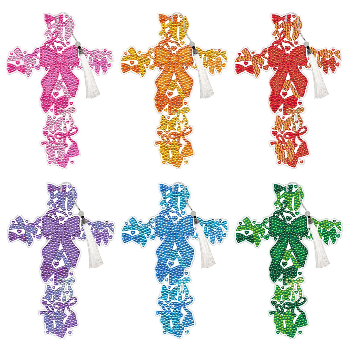 Cross Diamond Art Painting Bookmarks - 6 PCS Colorful Bow Design Bookmarks Kit with Tassel DIY Coquettte Gem Art Craft Christmas New Year Religions Birthday Gift for Reading Lovers INCOK