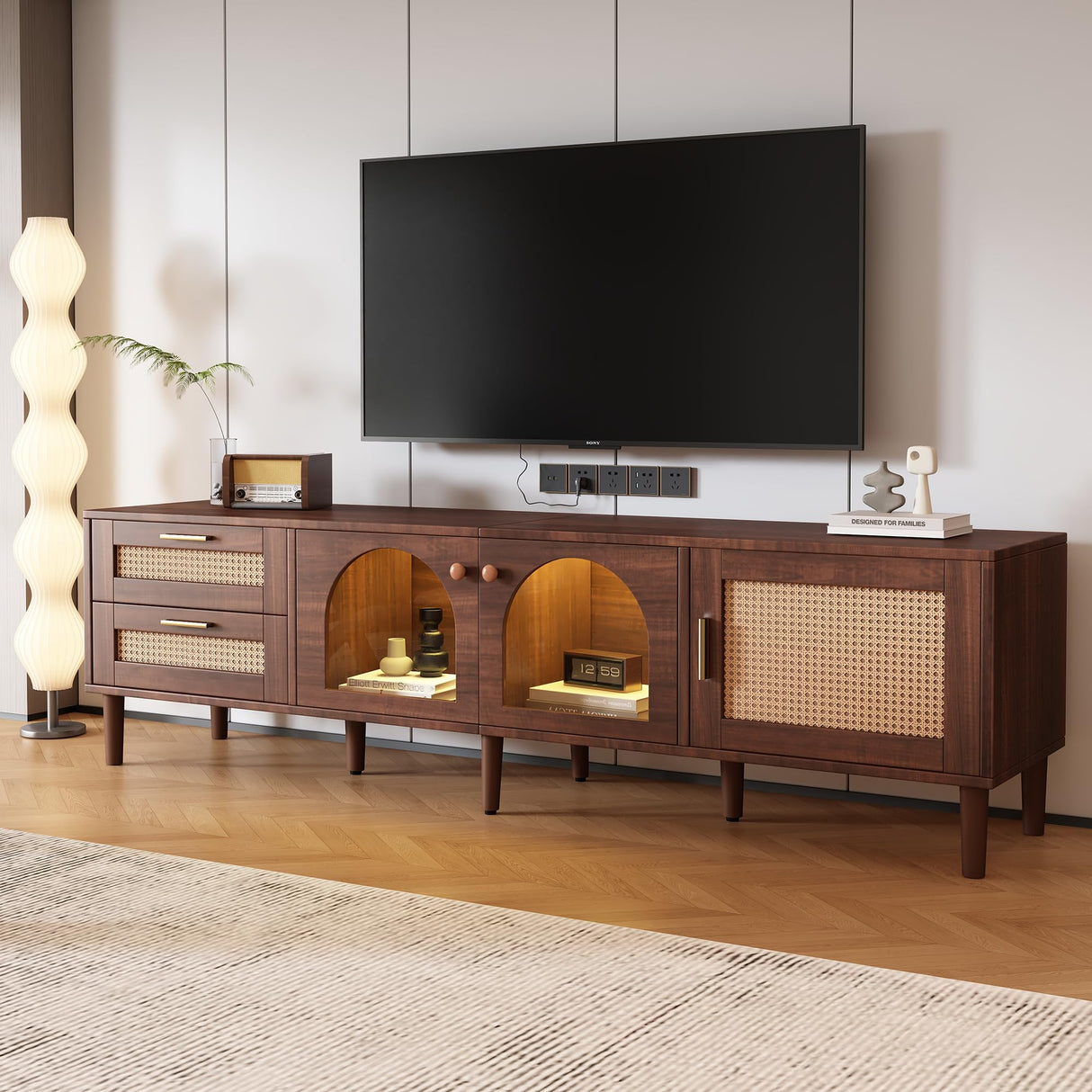Merax Rattan TV Stand with LED Lights, 70" Entertainment Center with 3 Cabinets & 2 Drawers Media Console Table for TVs Up to 80", Solid Wood Feet, Living Room, Bedroom Furniture Merax