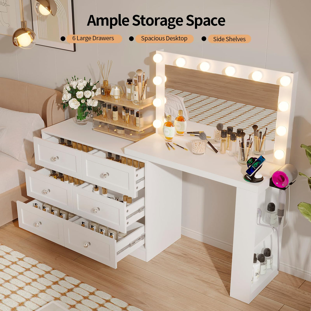 VOWNER Vanity Desk and Dresser Combo, Extendable Makeup Vainty with with Lighted Mirror & Power Outlet, Wood Corner Vanity with 6 Drawer Dresser, Makeup Table for Women, Bedroom Dressing Table(White) VOWNER