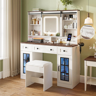 Maupvit Farmhouse Makeup Vanity Desk with Sliding Mirror, 45.5'' Vanity Set with 3 Drawers & 2 RGB LED Cabinets & Charging Station, Ample Storage, Stool Included, Antique White
