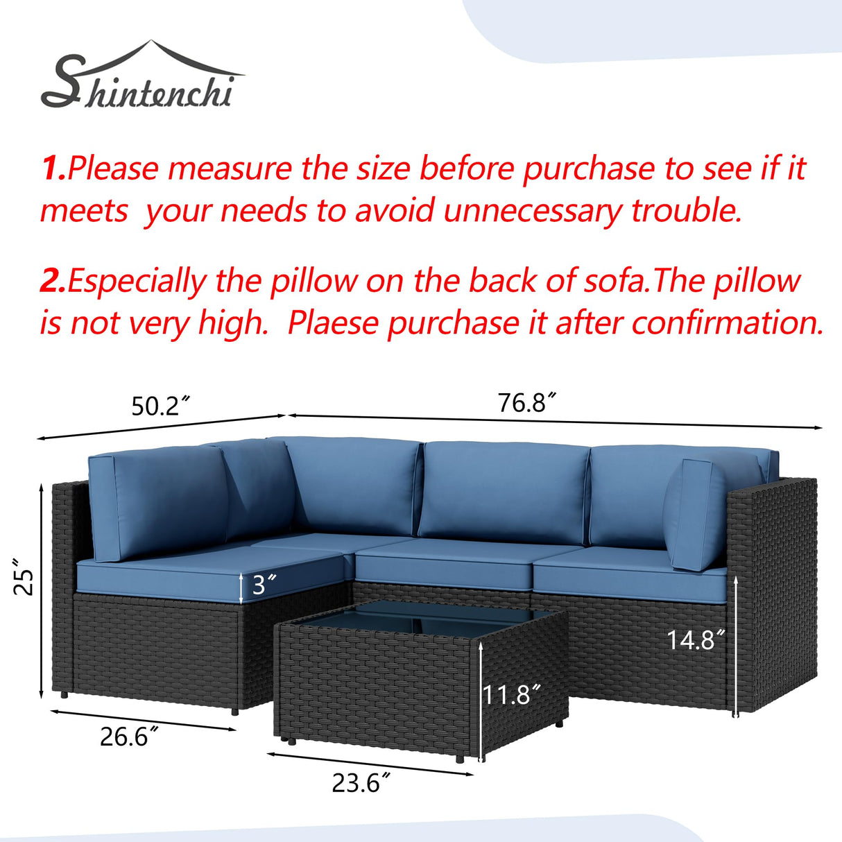 Shintenchi 5 Pieces Outdoor Patio Sectional Sofa Couch, Black PE Wicker Furniture Sets, Patio Conversation Sets with Washable Cushions Glass Coffee Table for Garden, Poolside, Backyard, Aegean Blue Shintenchi