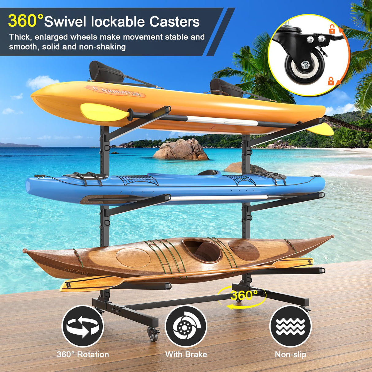 LotFun Kayak Storage Rack, Freestanding Heavy Duty Adjustable Kayak Stand Indoor Outdoor Storage Rack Garage, with Wheels and Foot Pad, for Kayaks, SUPs, Canoes, Surfboard(3 Levels) LotFun