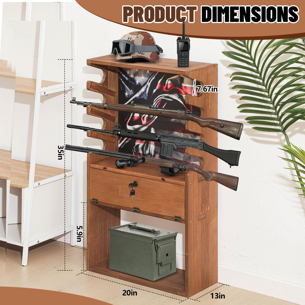 Colingmill Patriotic Wooden Gun Racks for 4 Rifles, American Flag Horizontal Gun Display Stand Cabinet Shelf with Storage Compartment for Shotgun Accessories, 35 x 20 x 13 Inch Colingmill