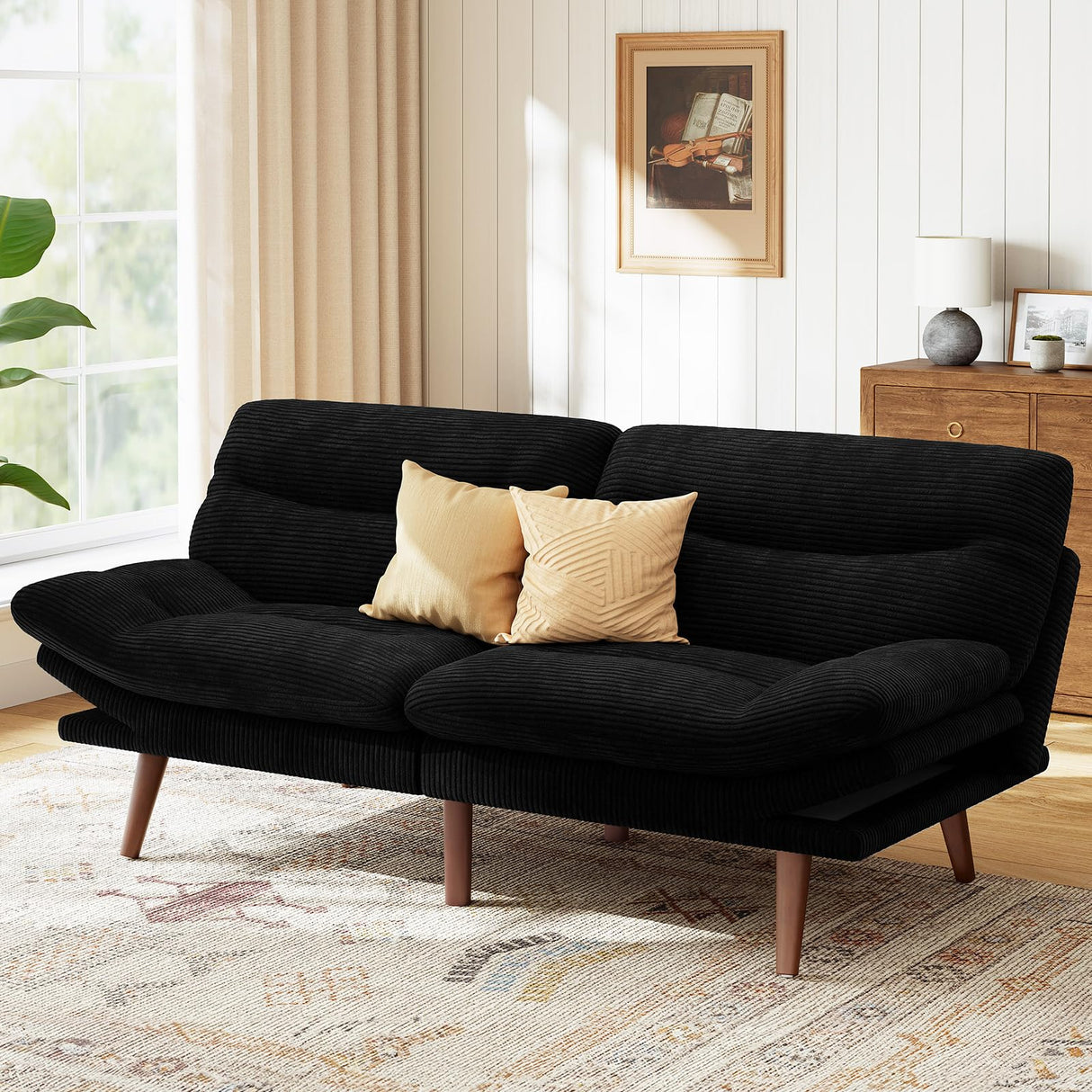 Marsail Futon Sofa Bed, Futon Couch with Adjustable Backrest & Armrests, Convertible Small Sleeper Sofa Bed for Small Apartments, Study Room, Office, Corduroy Loveseat, Black Marsail