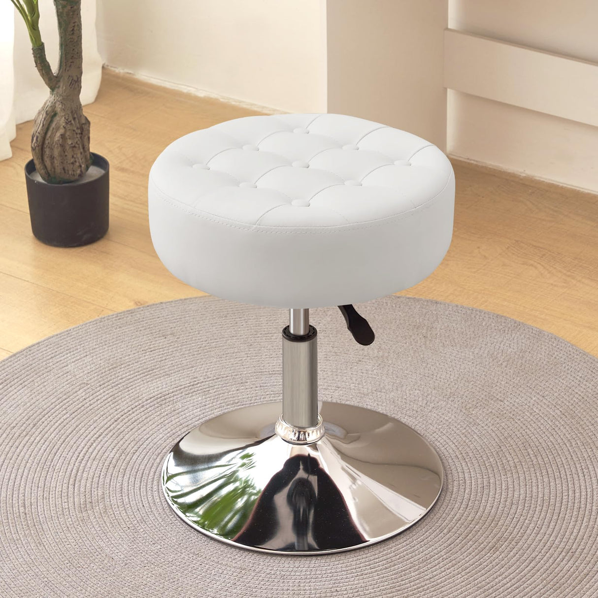 Furniliving Mid-Century Tufted Adjustable Swivel Makeup Ottoman Stool; Modern Big Size Round Vanity Stool Chair for Bedroom Living Room (White) Furniliving