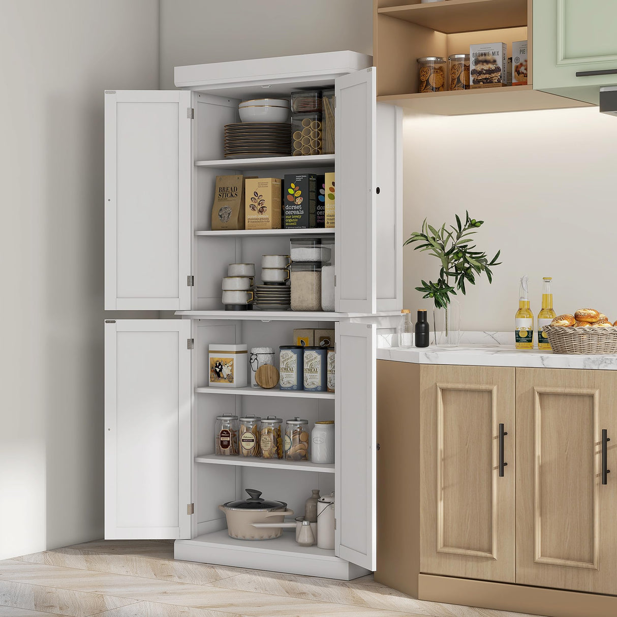 HOMCOM 72.5" White Freestanding Kitchen Pantry Cabinet with Adjustable Shelves and Elegant Design HOMCOM