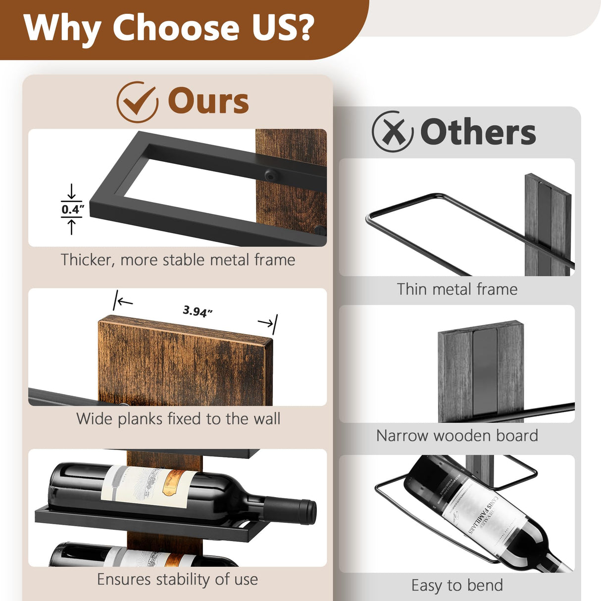 Hoctieon 3-Tier Wall Mount Wine Rack, Wall Mounted Wine Bottle Racks for Display and Storage, Hanging Bottle Holder, for Living Room, Dining Room, Bar, Wine Cellar, Rustic Brown Hoctieon