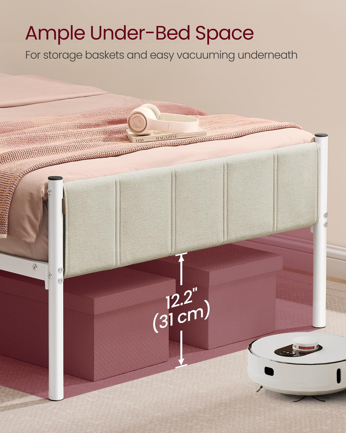 VASAGLE Twin Bed Frame with Upholstered Headboard, Metal Bed Frame Twin Size with Footboard, 550 lb Weight Capacity, Steel Slats, Easy Assembly, No Box Spring Needed, Cappuccino Beige URMB983W01V1 VASAGLE