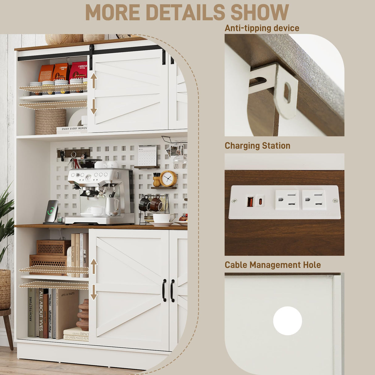 75” Tall Large Kitchen Pantry Storage Cabinet,63"W Farmhouse Kitchen Hutch Cabinet w/Power Outlet,Large Coffee Bar Cupboard w/Microwave Shelf & Wine Rack,4 Doors,2 Drawers, Dining Room, White chartustriable