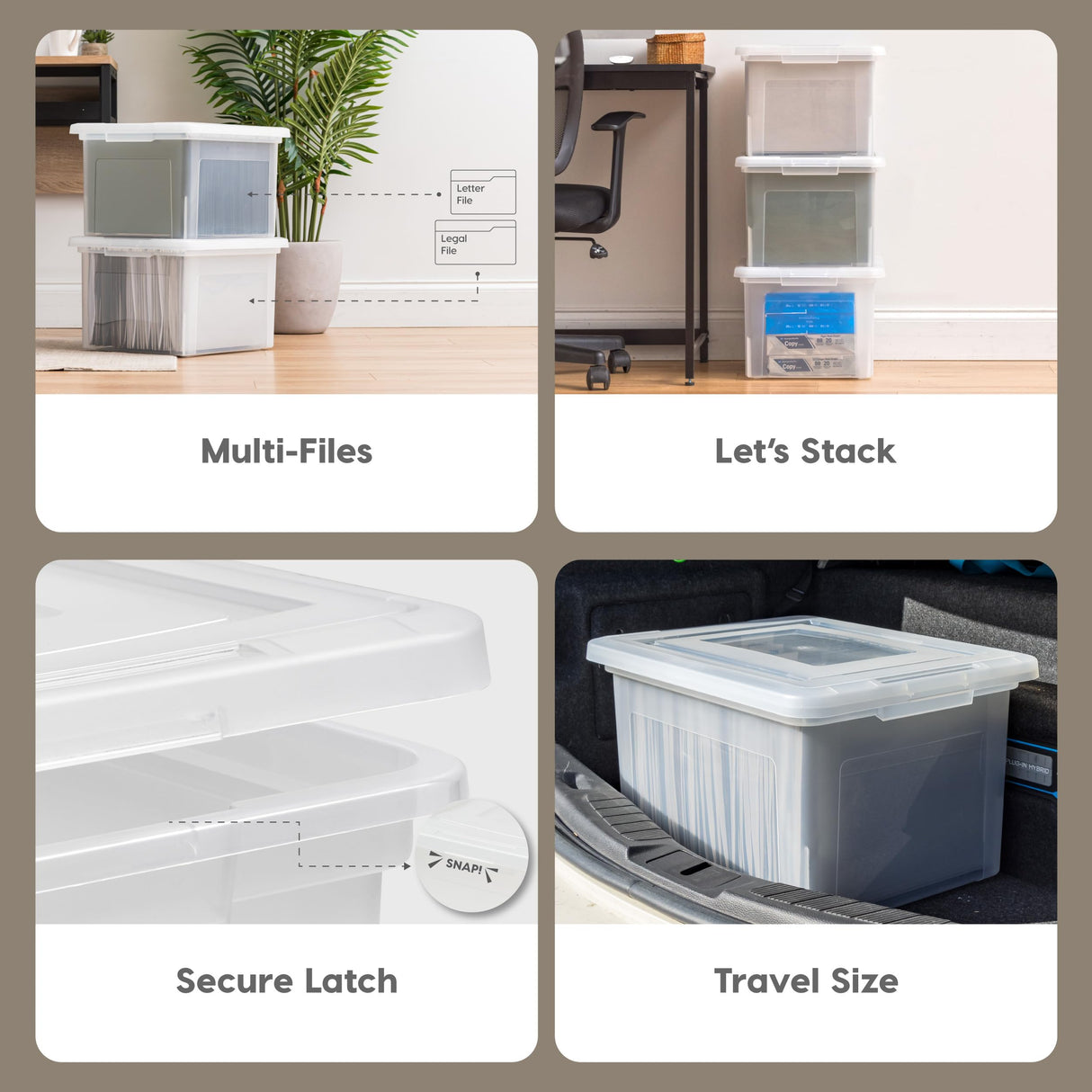 IRIS USA File Box Plastic File Organizer for Letter/Legal File, Document Box, Storage Bin Tote Organizer with Durable and Secure Latching Lid, Stackable, Nestable, BPA-Free, Clear 35 Qt. 4 Pack IRIS