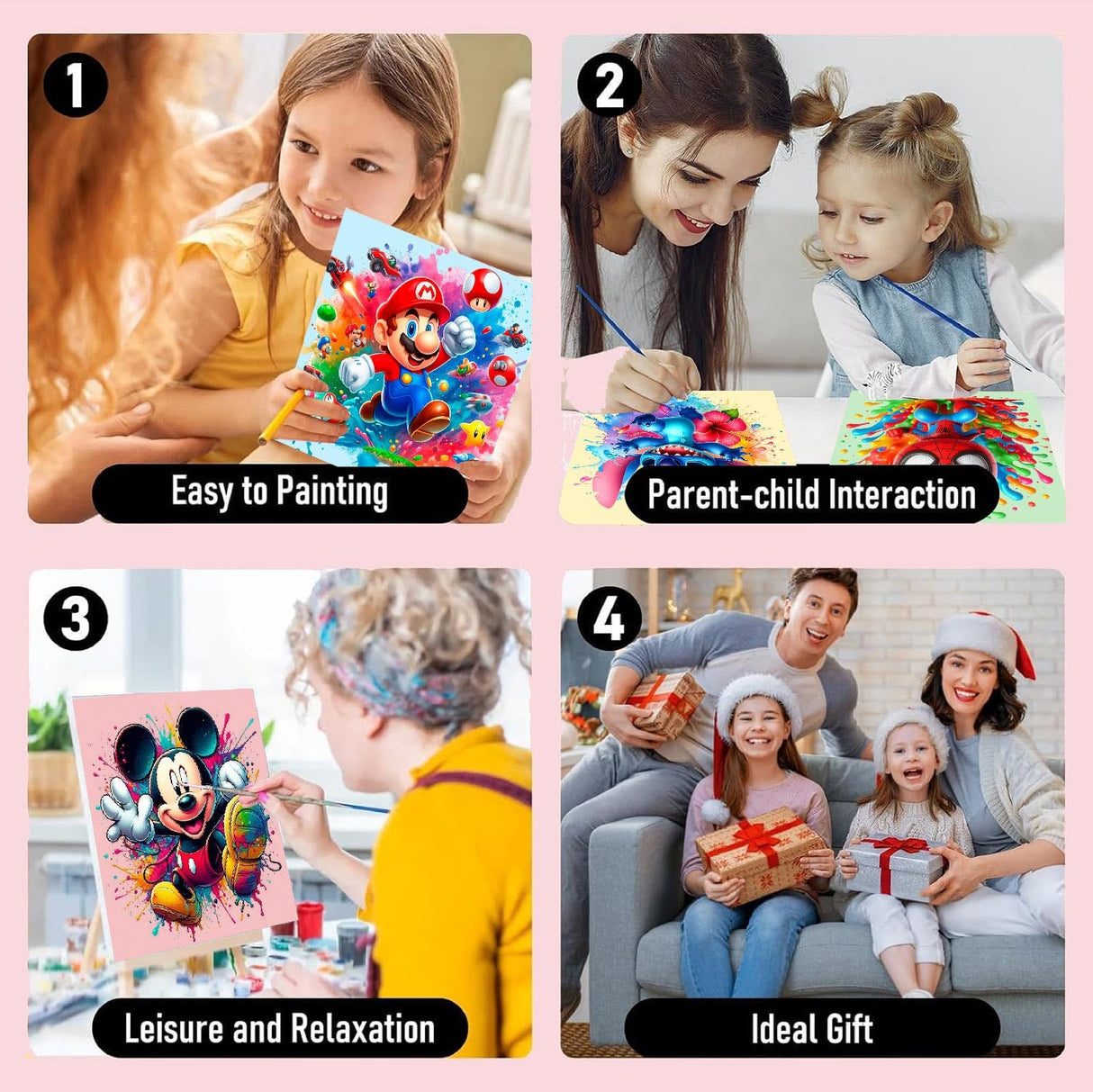 4 Packs Cartoon Paint by Numbers Kits for Kids Framed,Paint by Numbers for Kids Ages 8-12 with Framed Canvas,DIY Easy Painting Kits with Wooden Easel for Home Wall Decor 8X8 Inch Fuinkqe