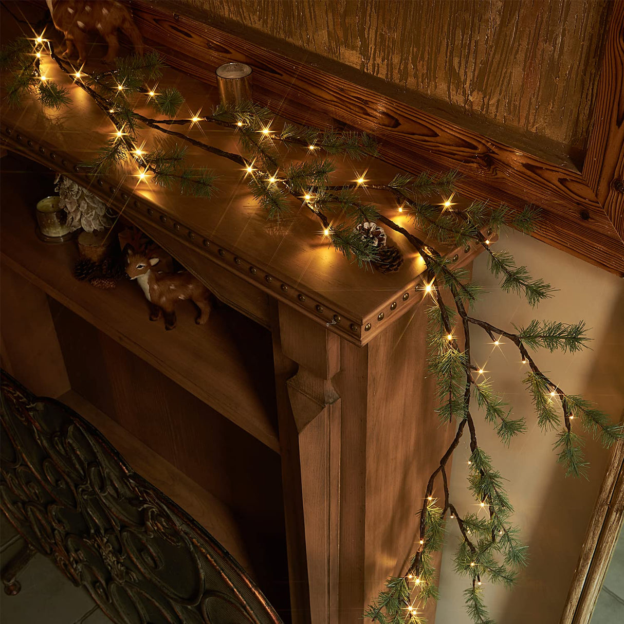 Fudios Lighted Christmas Pine Garland 6FT 48 Warm White LED Battery Operated with Timer for Mantle Fireplace Holiday Winter Decoration Indoor Outdoor Use Fudios
