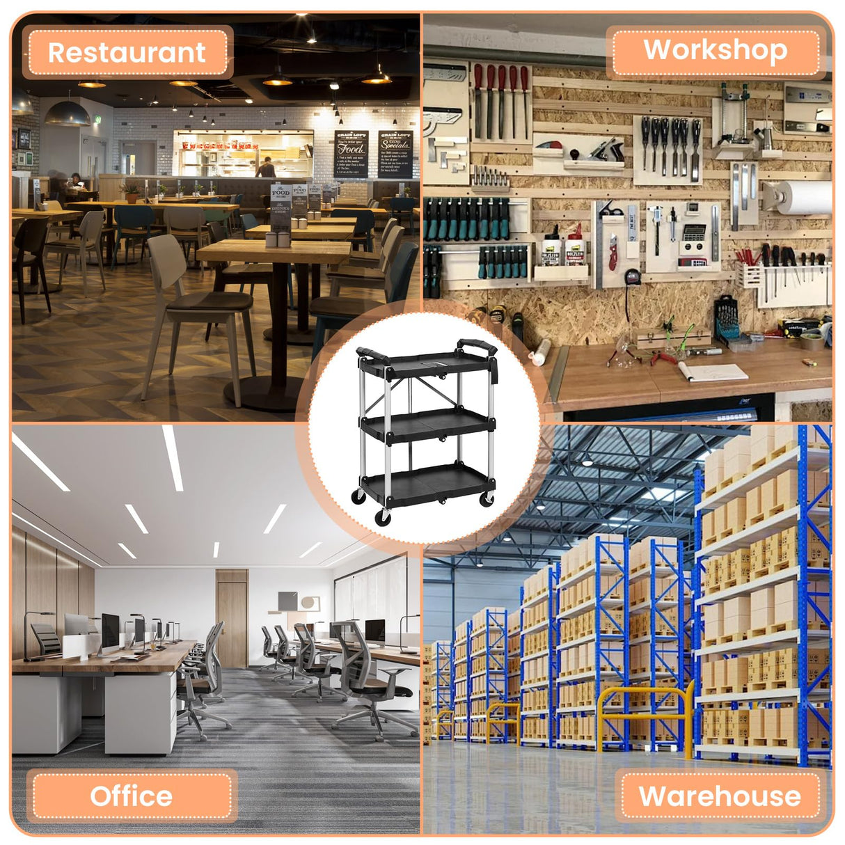 3 Tier Folding Rolling Utility Cart, Portable Collapsible Service Cart, 165 Lbs, Foldable Tool Cart with Dual Ergonomic Handles, Wheels for Warehouse, Home, Restaurant, Black EliteEdge