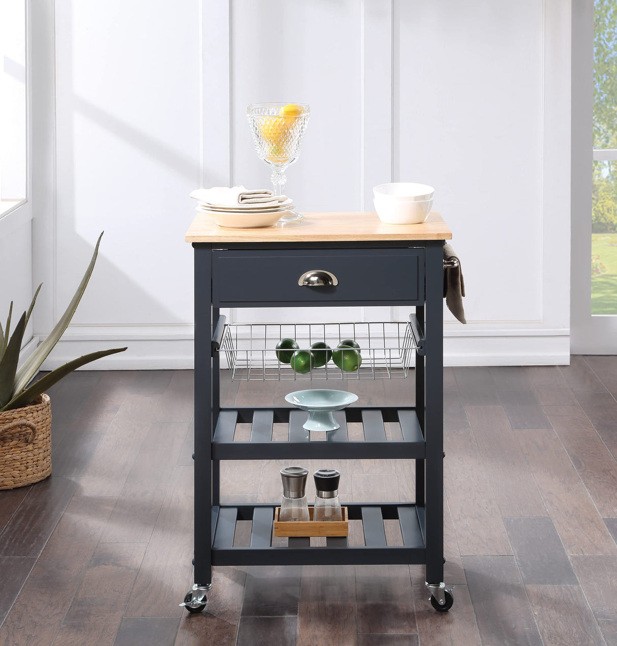 OSP Home Furnishings Hampton Kitchen Cart with Wood Top, Utensil Drawer, Under Cabinet Basket, and 2 Slatted Shelves, Blue Stone Base Office Star Products