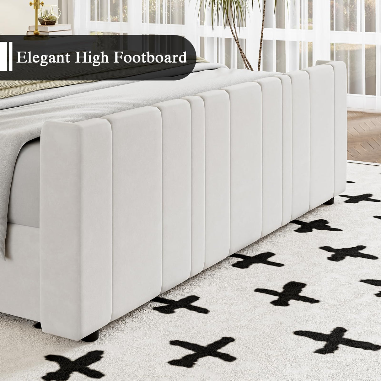 HOMBCK King Size Bed Frame, Soft Velvet Upholstered Bed Frame with Vertical Channel Tufted Wingback Headboard & Footboard, Soft Bed Frame King, Noise Free, Easy Assembly, White HOMBCK