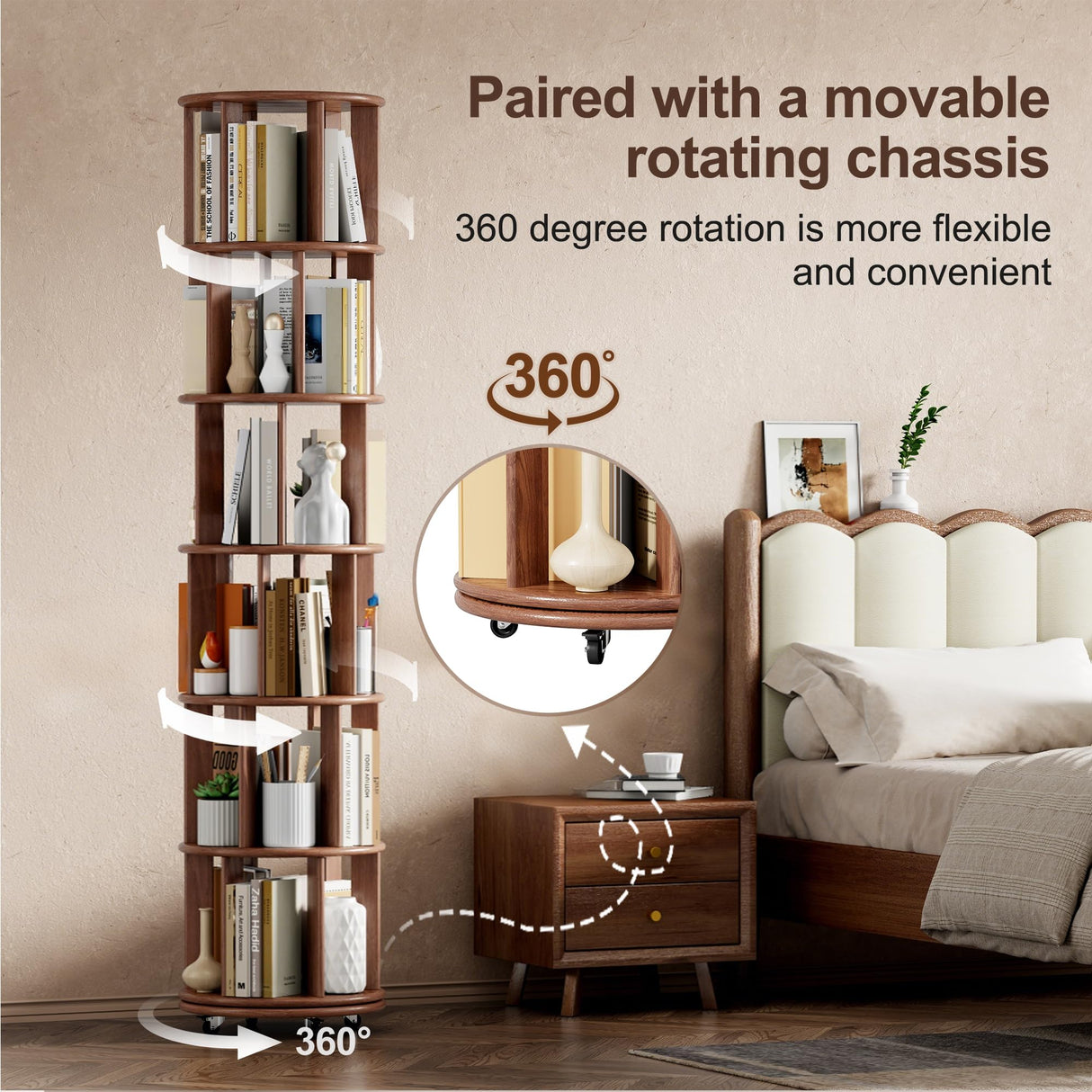 VireoNest 6 Tier Rotating Bookshelf, 100% Solid Wood Revolving Bookcase with Locking Wheels, 360° Spinning Bookshelf for Kids Room, Small Spaces, Corner Shelf for Bedroom, Office, Nursery, Walnut VireoNest