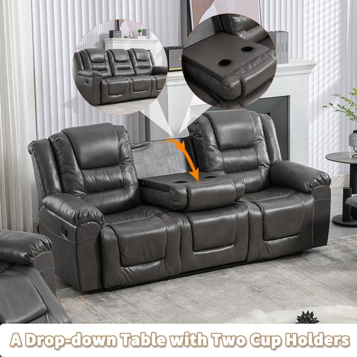 3 Seater Home Theater Recliner Manual Recliner Chair with Two Built in Cup Holders for Living Room,Bedroom, Grey Generic