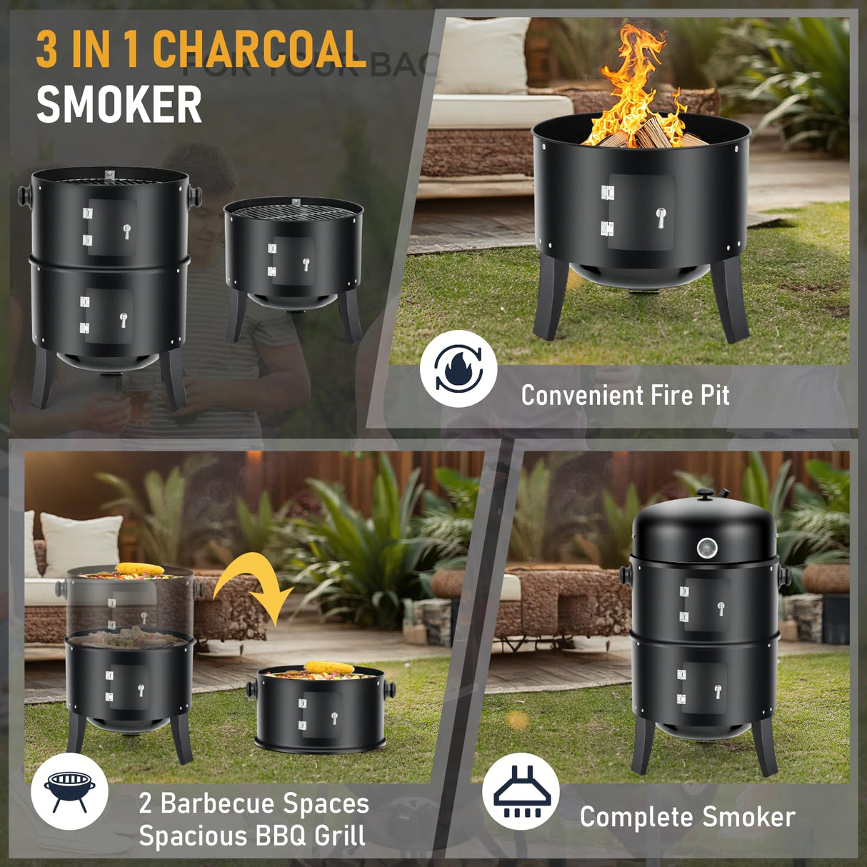 3-in-1 Vertical Charcoal Smoker, 16in BBQ Smoker Grill with Built-in Thermometer, Air Vent, and 2 Access Doors of black iron, Idea for Parties, Backyard, Barbecues ONUUNPY