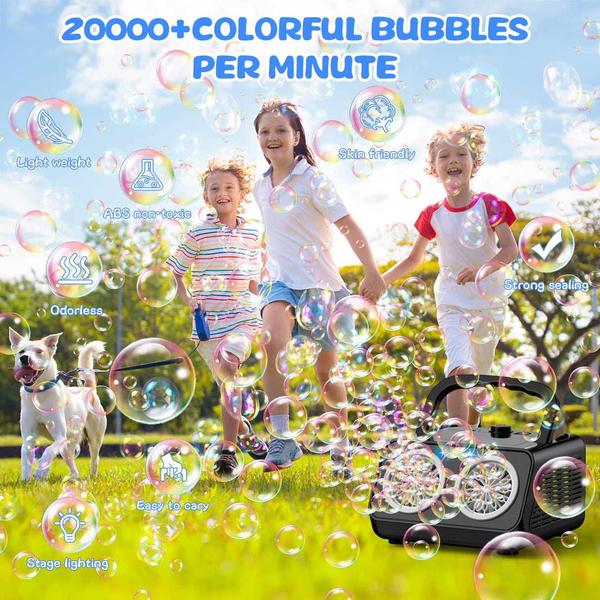 SHCKE Automatic Bubble Machine Upgrade Bubble Blower with 2 Fans, 20000+ Bubbles Per Minute Bubbles for Kids Portable Bubble Maker Operated by Plugin or Batteries for Indoor Outdoor Birthday Party SHCKE