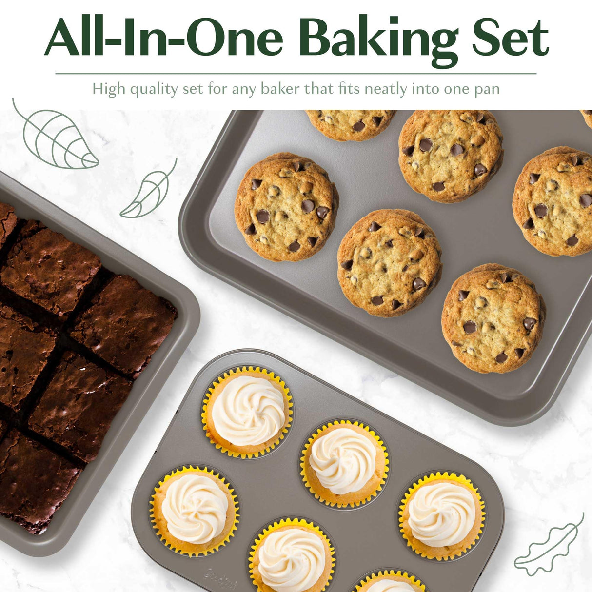 Goodful All-In-One Nonstick Bakeware Set, Stackable and Space Saving Design includes Round and Square Pans, Muffin Pans, Cookie Sheet and Roaster, Dishwasher Safe, 8-Piece, Linen Goodful