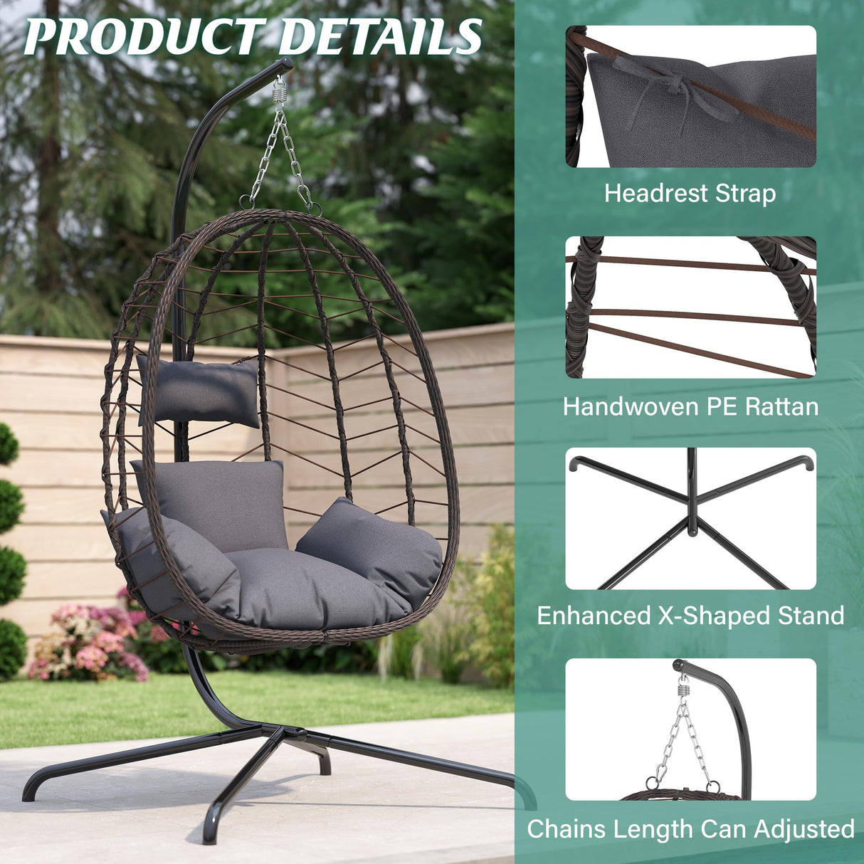 Egg Chair with Stand, Patio Wicker Hanging Chair, Hammock Swing Chair, 350LBS Capacity for Bedroom, Balcony, Garden(BR-GR) DoubleTT