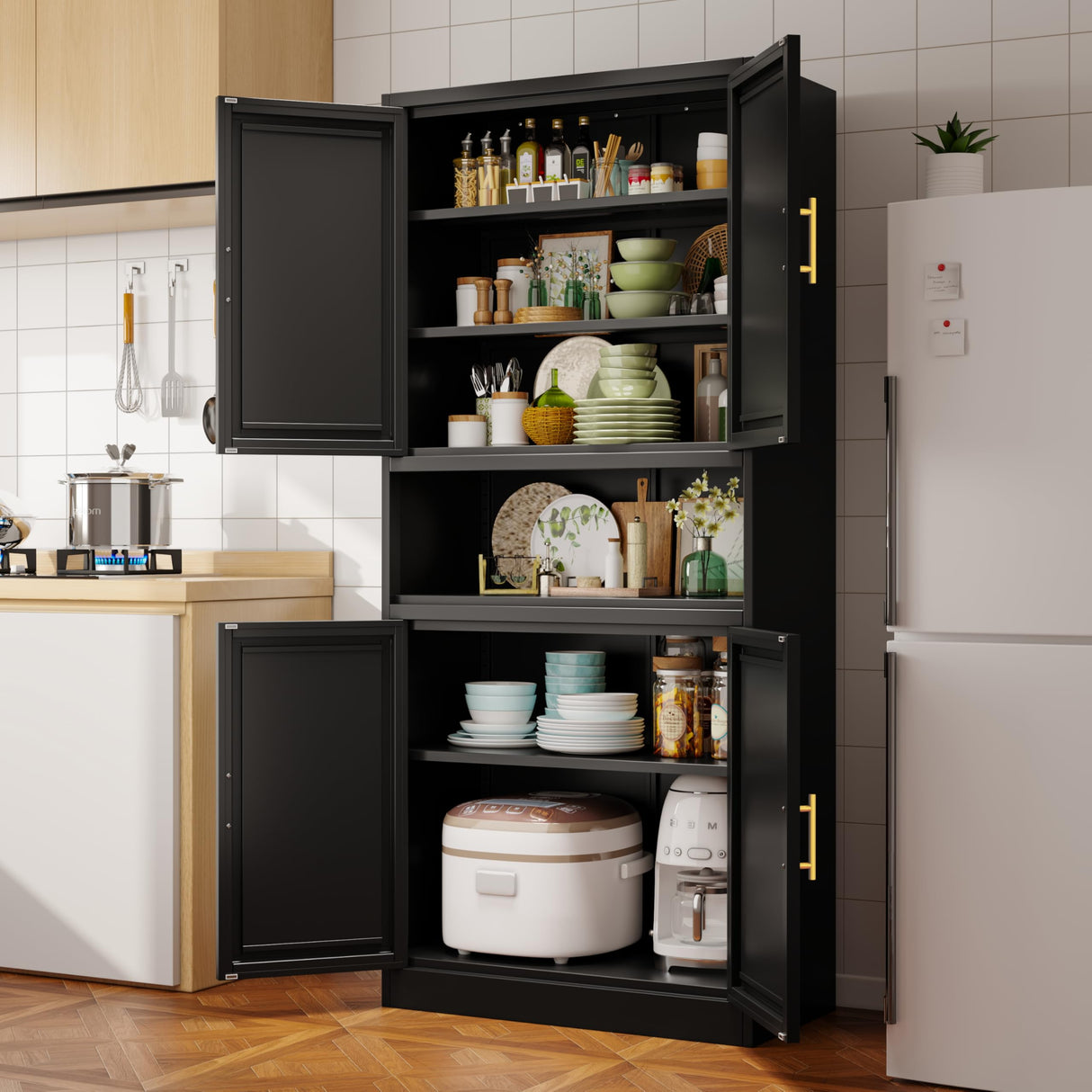 winiowa 71" Tall Kitchen Pantry Storage Cabinet, Metal Bathroom Storage Cabinet with Doors and Adjustable Shelves,Black Kitchen Cabinets with Microwave Stand, Large Cupboard for Bathroom Dining Room winiowa
