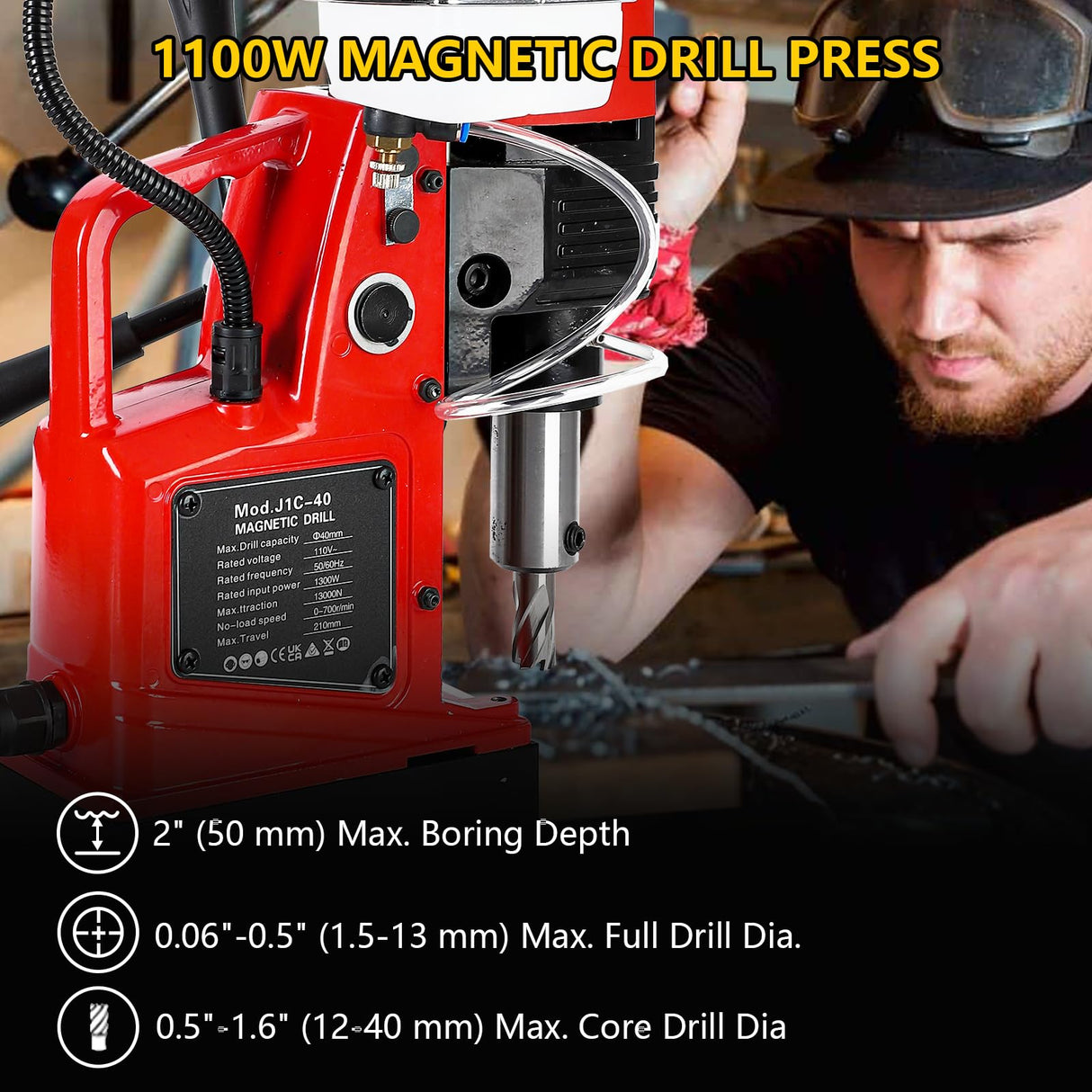 GARVEE Mag Drill Press, 1300W 1.57" Boring Diameter 2922lbf/13000N Electric Magnetic Drill with with Twist Drill Chuck for Industrial Home Improvement Power Magnetic Drill Presses Garvee