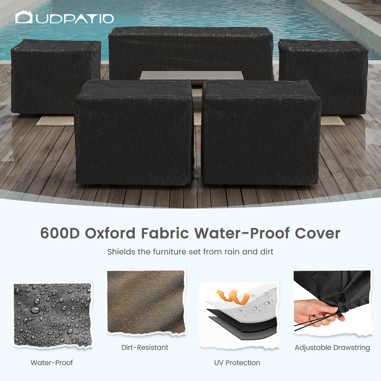 UDPATIO Patio Aluminum 3-Seat Couch, Faux Wood All-Weather Outdoor Furniture Sofa with 6” Water-Resistant OLEFIN Cushions and Rust-Proof Frame, Waterproof Cover Included, Beige UDPATIO