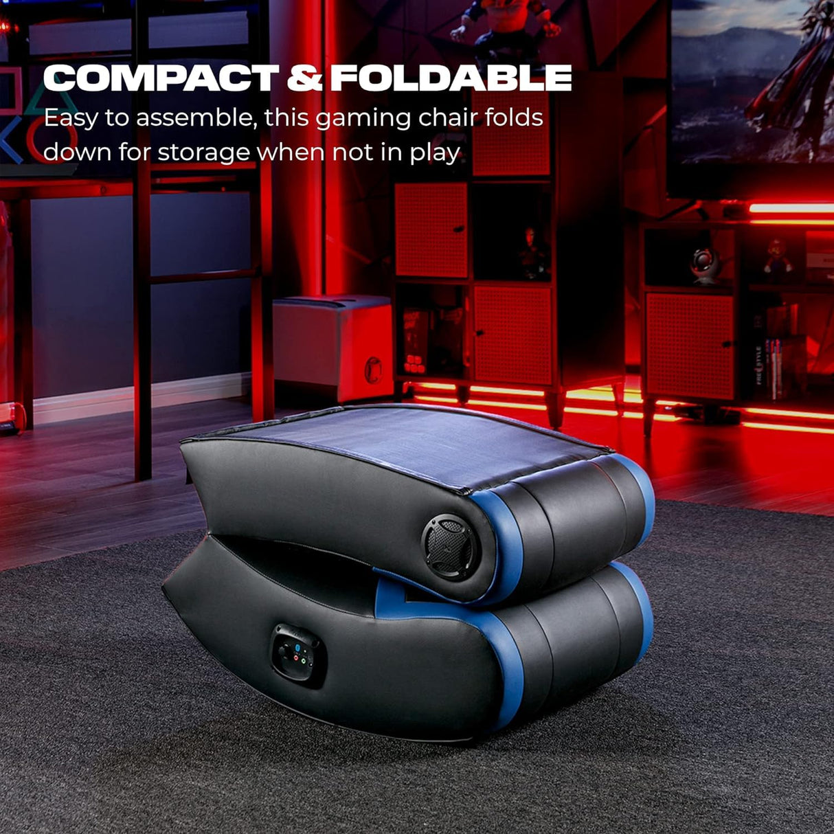 X Rocker Eclipse Video Gaming Floor Chair with Built-In Headrest Speakers, Wireless Bluetooth, Foldable, Vegan Leather, 275 lbs Max, Amazon Exclusive, Black and Blue X Rocker