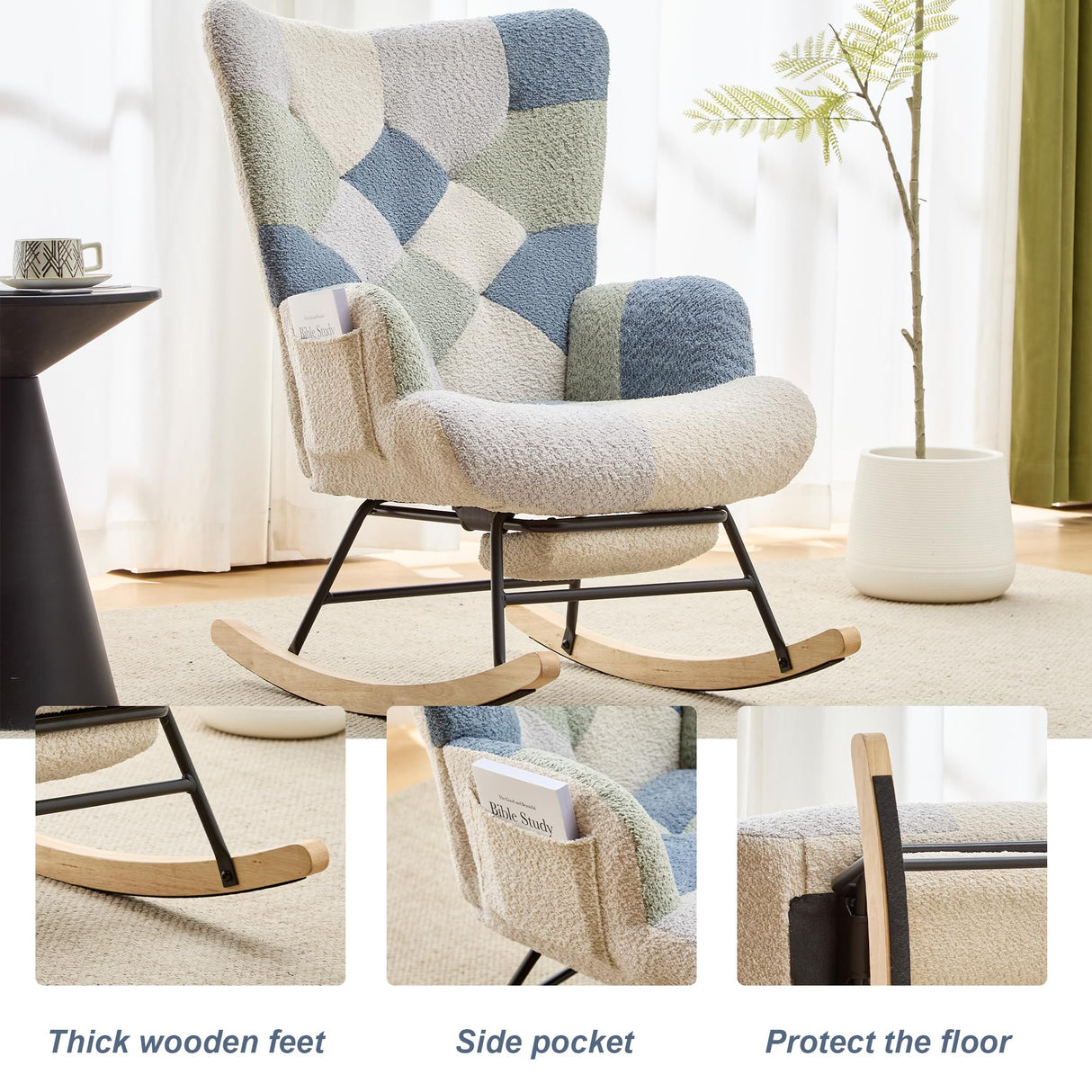 ETCZOYE Modern Nursery Rocking Chair, Teddy Upholstered Glider Rocker with Footrest, Comfortable Rocker Recliner with Side Pocket for Living Room, Bedroom, Office, Large Spliced Dark Blue ETCZOYE