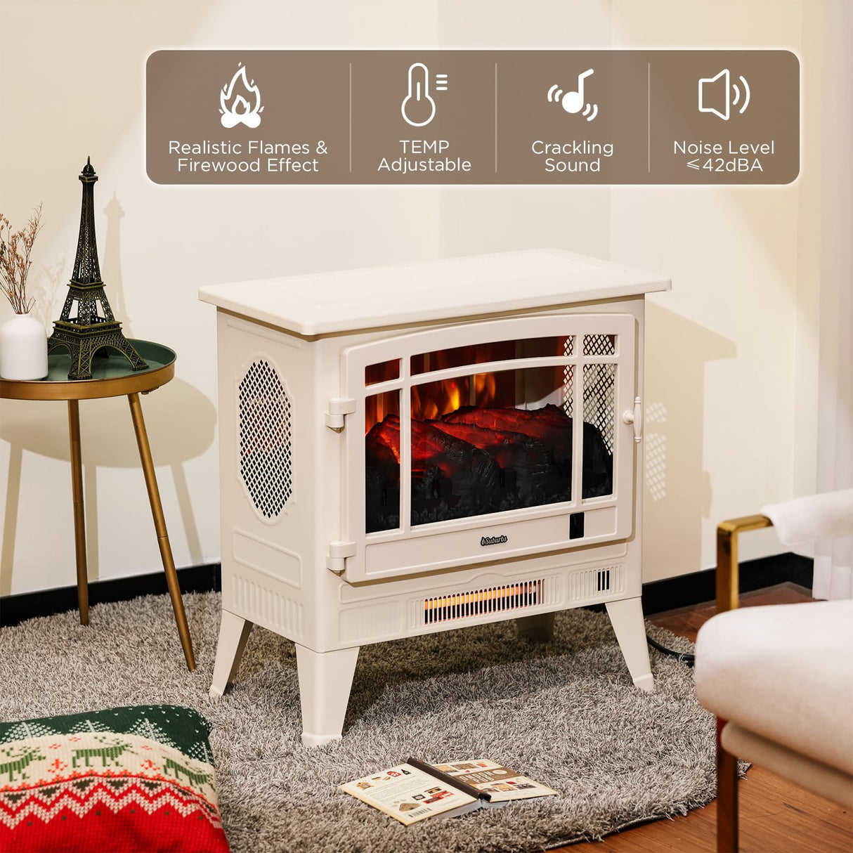 TURBRO Suburbs 25" WiFi Electric Fireplace Infrared Heater with Crackling Sound, Freestanding Fireplace Stove with Adjustable Flame Effects, Overheating Protection, Timer, Remote Control 1400W, Ivory TURBRO