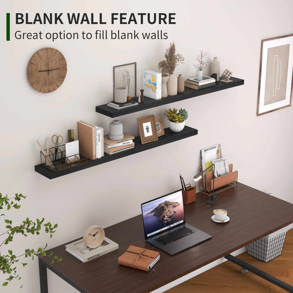 Marsmiles Black Floating Shelves, 48 Inch Wall Shelf Set of 2, Rustic Wood Shelves for Storage, Fireplace Mantel, Mounted Wooden Display Bathroom Bedroom Kitchen Garage, Distressed Black Marsmiles