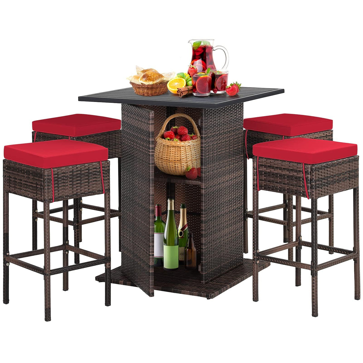 HAPPYGRILL 5 Pieces Rattan Bar Set, Outdoor Wicker Bar Table and 4 Bar Stools, Heavy-Duty Steel Frame, Patio Bar Furniture Set with Cushions HAPPYGRILL