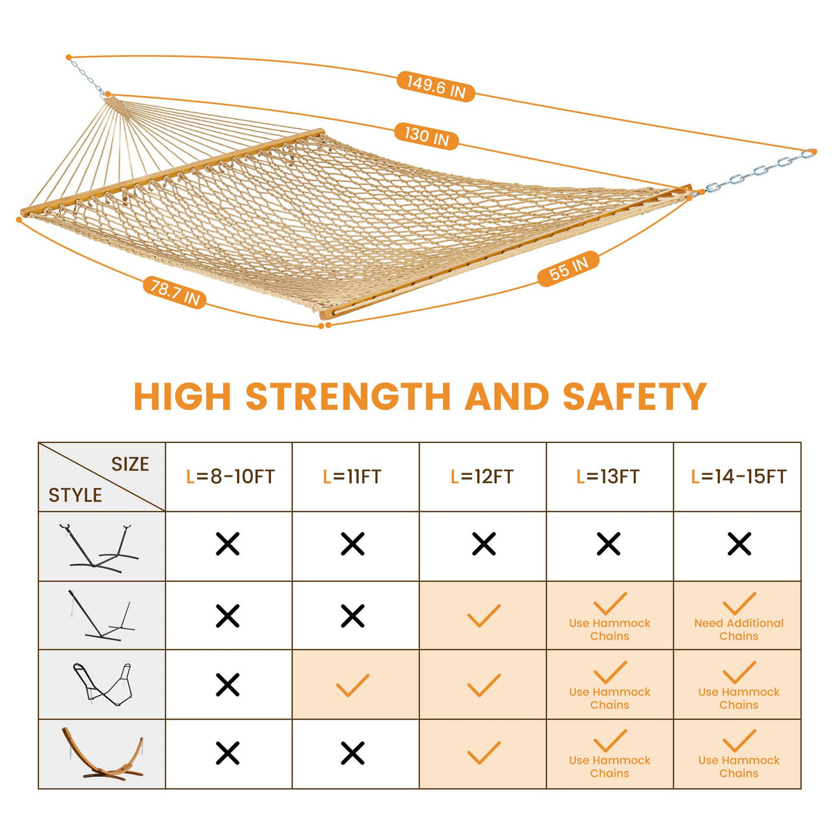 Lazy Daze Hammocks Double Rope Hammock, 2 Person Traditional Outdoor Hand Woven Cotton Rope Hammock with Spreader Bar, Chains, Tree Straps for Patio Yard - Max 450 Lbs, Tan Lazy Daze Hammocks