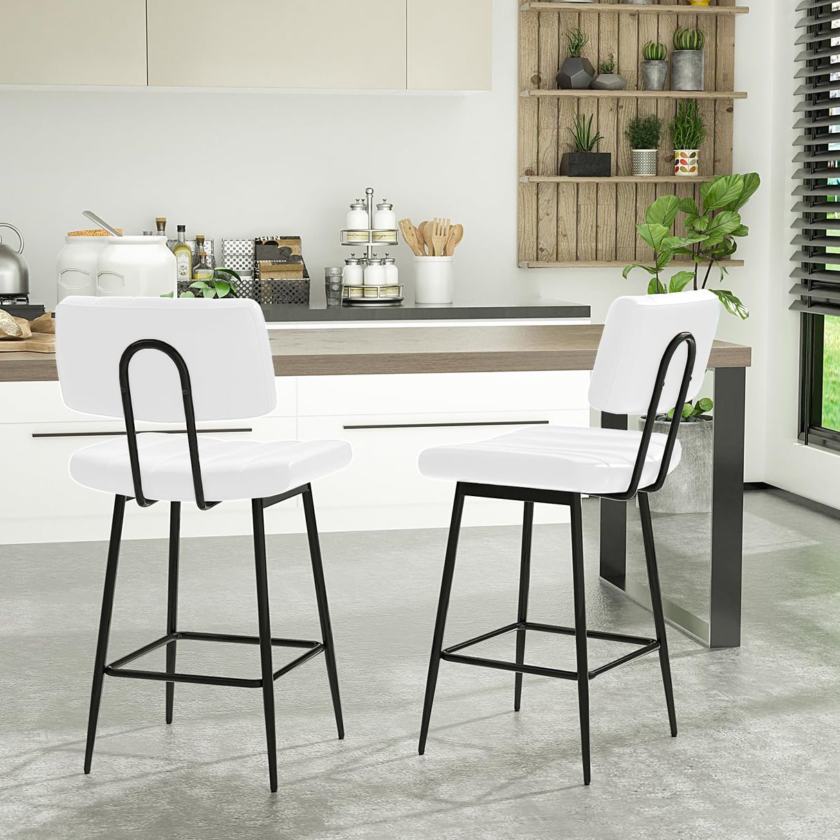 HONIFUR Bar Stools Set of 4, Barstools with Sturdy Legs, Leather Counter Height Bar Stool for Kitchen, Dining, 26 Inch Farmhouse Counter Stools, White HONIFUR