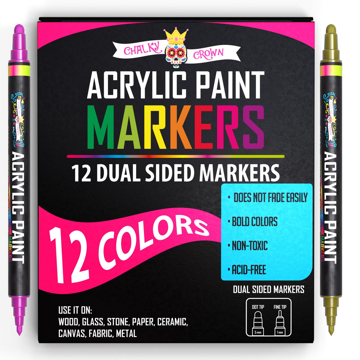Acrylic Paint Markers Dual Tip (12 Pack) - Acrylic Markers Paint Pens for Rocks - Bold Acrylic Paint Pens Fine Tip and Dot Tip - Fabric Makers Permanent for Clothes Water Based Markers - Chalky Crown CHALKY CROWN