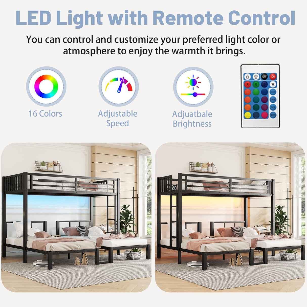 Triple Bunk Bed with LED Light,Metal Heavy Duty 3 Bunk Beds for Kids with Charge Station & Storage Shelf, Convertible Three Bunk Beds for Girls Boys Teens,Can be Separated into 3 Beds, Black Mirightone