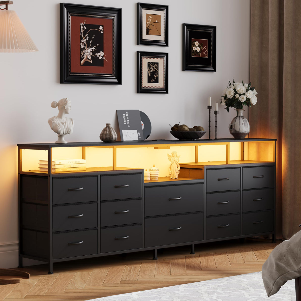 NinPeen 70.9" W Large TV Stand for 65/75/80 inchs TVs,14 Drawer Long Dresser with Charging Station and LED Lights,Entertainment Center with Storage for Living Room (Black, 70.9" W) NinPeen