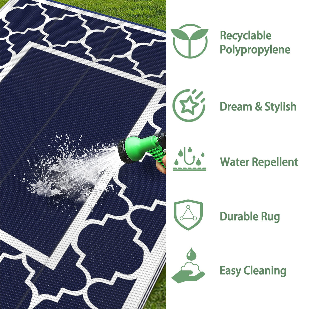 GENIMO 5' x 8' Outdoor Rug Waterproof for Patio Decor, Foldable Reversible Plastic Straw Area Rugs Mat for Camper, Outside Carpet for Rv, Deck, Porch, Picnic, Beach, Balcony, Blue & White GENIMO